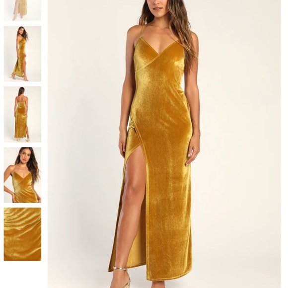 Lulu's Debut Diva Mustard Yellow Velvet Maxi Dress  MED - Picture 1 of 4